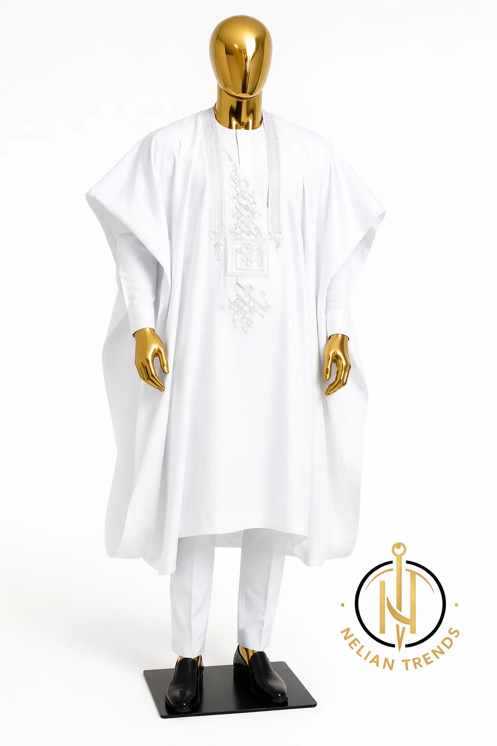 White agbada with embroidery, premium African formal wear made in Ghana