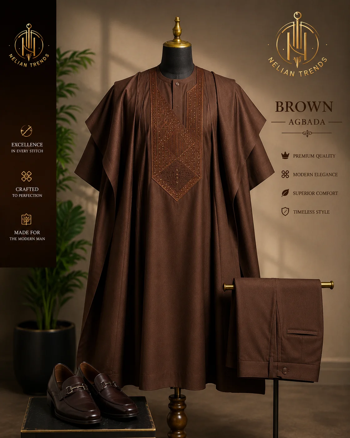 Brown agbada with embroidery, men's African formal wear Ghana
