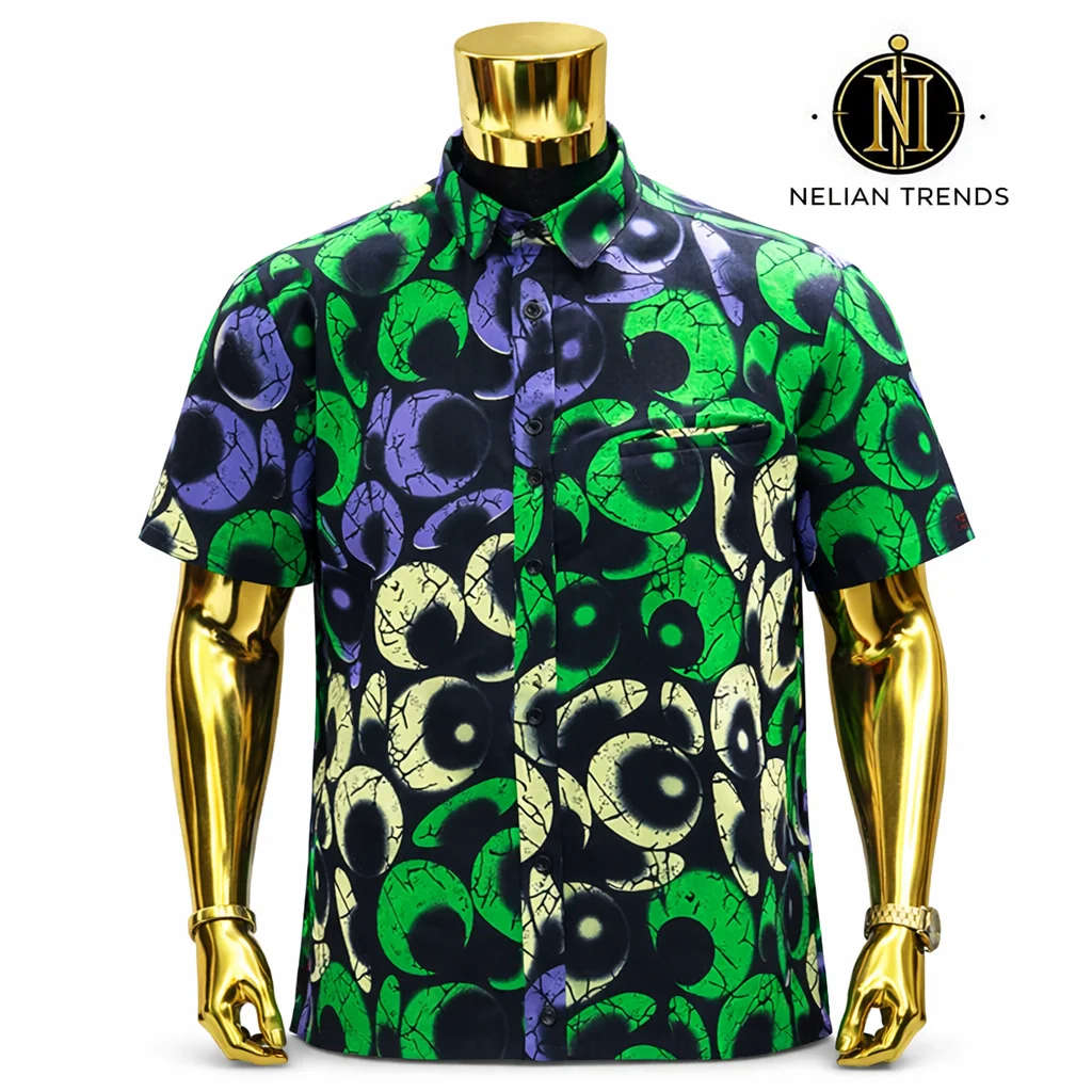 Adinkra symbol print shirt, Ghanaian cultural menswear by Nelian Trends